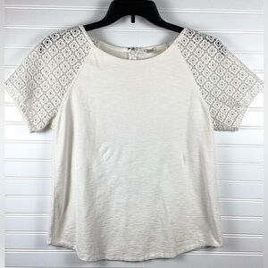 J.Crew White Crochet Top | Short Sleeve Quarter Zip Textured Lace Detail Sz M